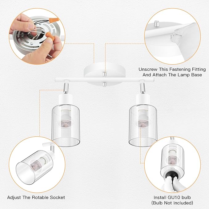 BoostArea 2-Light Bathroom Light Fixtures, White Modern Vanity Wall Lights with Clear Glass Shade, Flexibly Ceiling Light for Mirror Kitchen Living Room Hallway Cabinet Porch