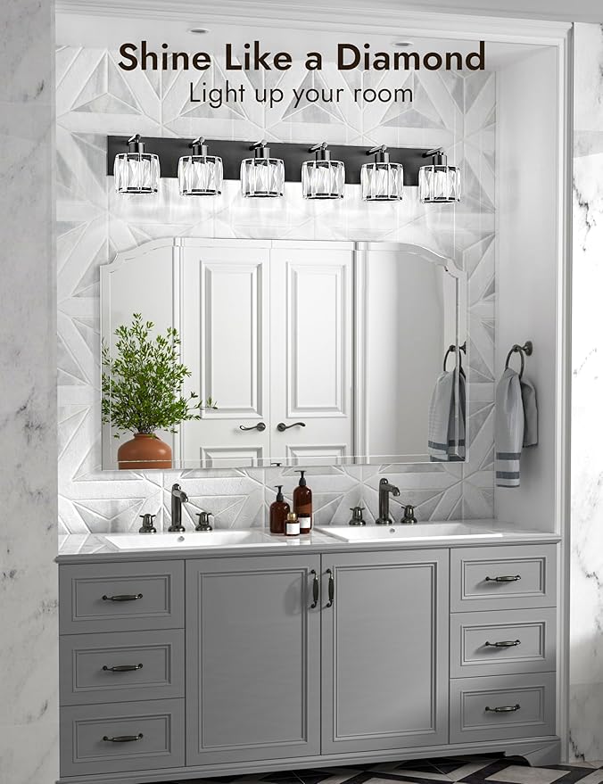 VOLISUN Crystal Vanity Lights for Bathrooms, 6 Light Bathroom Vanity Light, Modern Matte Black Bathroom Light Over Mirror, Black Bathrooms Lights Fixtures-UL Certificated(Exclude Bulb)