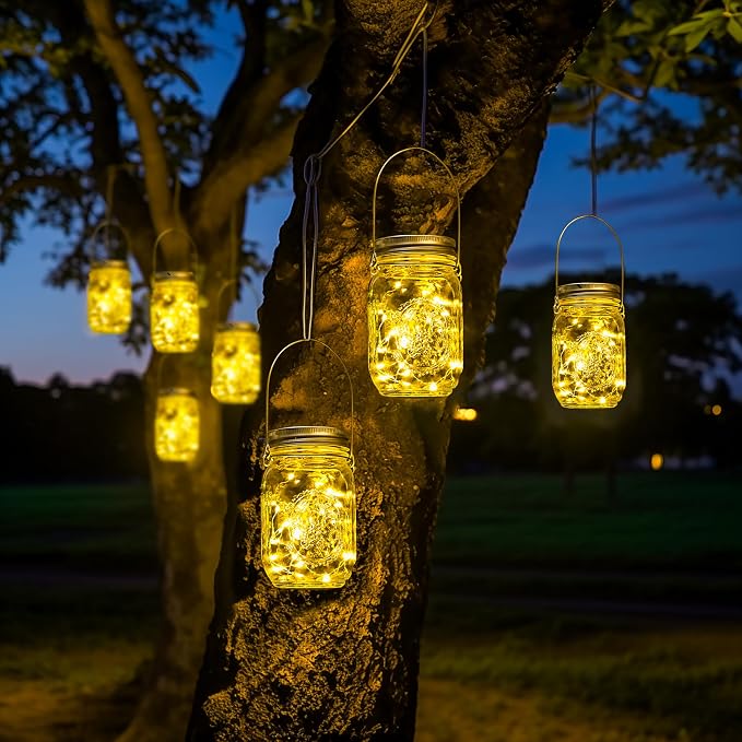 GIGALUMI Solar Mason Jar Lights, 8 Pack 30 Led String Fairy Lights Garden Lights Outdoor Waterproof Metal Lid Hanging Solar Lanterns for Outdoor, Garden, Patio, Lawn, Balcony Decoration