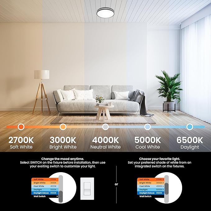 Feit Electric 14" Adjustable White LED Ceiling Fixture, Dimmable Flush Mount Light, Selectable Color Temperature, Matte Black Dual-Banded Finish, Energy Efficient, 50,000-Hour Lifespan, FM14/DR/6WY/BK