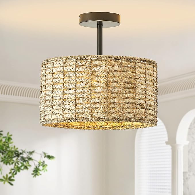 13"Rattan Ceiling Light Fixture Flush Mount, 2-Light Boho Rattan Hand-Woven Ceiling Light Fixtures Drum Wicker Chandelier Light Fixture for Dining Room Bedroom Living Room Hallway Foyer Kitchen
