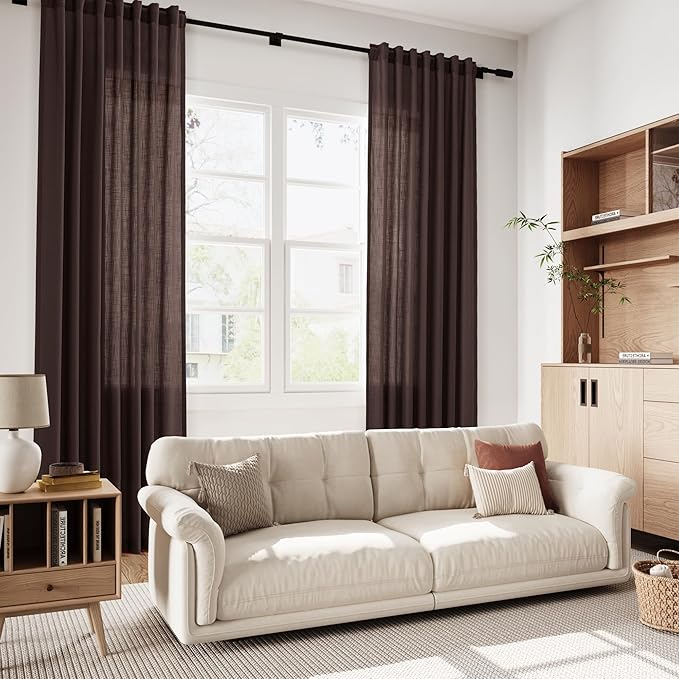 Coffee Brown Extra Long Linen Curtains 120 Inch for Living Room Set Rod Pocket Back Tab Light Filtering Semi Sheer Drapes Privacy High Ceiling Drapes Farmhouse for Dinner Room 52x120,2 Panels