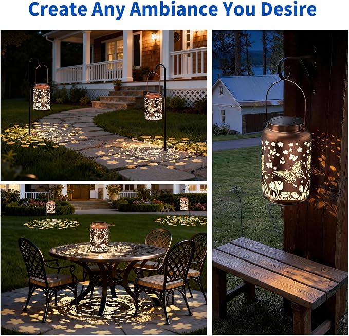 JEJOT Butterfly Solar Lanterns Outdoor Waterproof, Mothers Day Gifts, Birthday Gifts for Women Mom Grandma,Metal Hanging Solar Lantern for Yard,Garden,Porch Landscape Deconrations-2 Pack