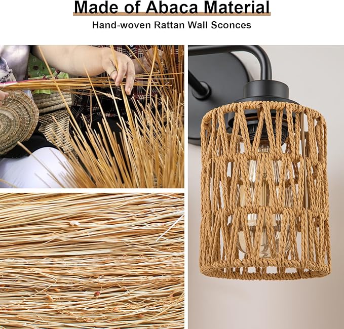 Bathroom Light Fixtures, Rustic 2-Light Vanity Lights Over Mirror Farmhouse Wall Mounted Light Natural Style Wall Lamp Boho Lighting Fixture Rattan Wall Sconce for Bedroom