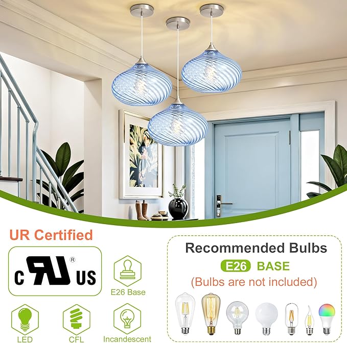Glass Pendant Lights Kitchen Island, 11'' Brushed Nickel Pendant Lighting Fixtures, Modern Hanging Ceiling Light with Striped Blue Glass Shade for Farmhouse Dining Room Bedroom Hallway(1 Pack)