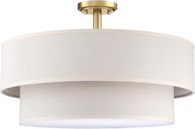 4 Light Semi Flush Mount Close to Ceiling Light Fixture,Cream Linen Fabric Shade Brushed Bronze Finish 20 inch for Bedroom,Living Room,Dining Room Hallway