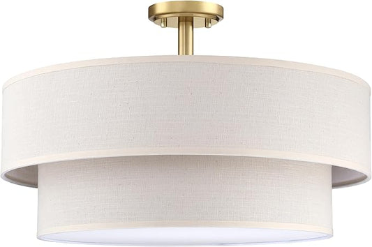 4 Light Semi Flush Mount Close to Ceiling Light Fixture,Cream Linen Fabric Shade Brushed Bronze Finish 20 inch for Bedroom,Living Room,Dining Room Hallway