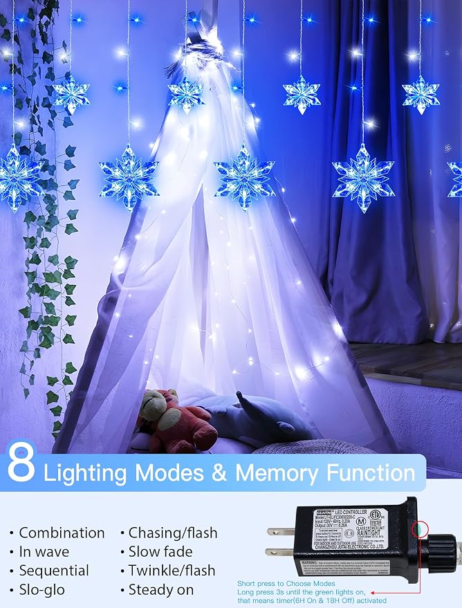 Christmas Snowflake Lights Outdoor,8.2 FT 144 LED Snowflake Icicle Lights with 12 Drops,8 Modes Timer Waterproof Connectable Xmas Light for Eaves,Windows,Curtain,Indoor Outdoor(Blue White)