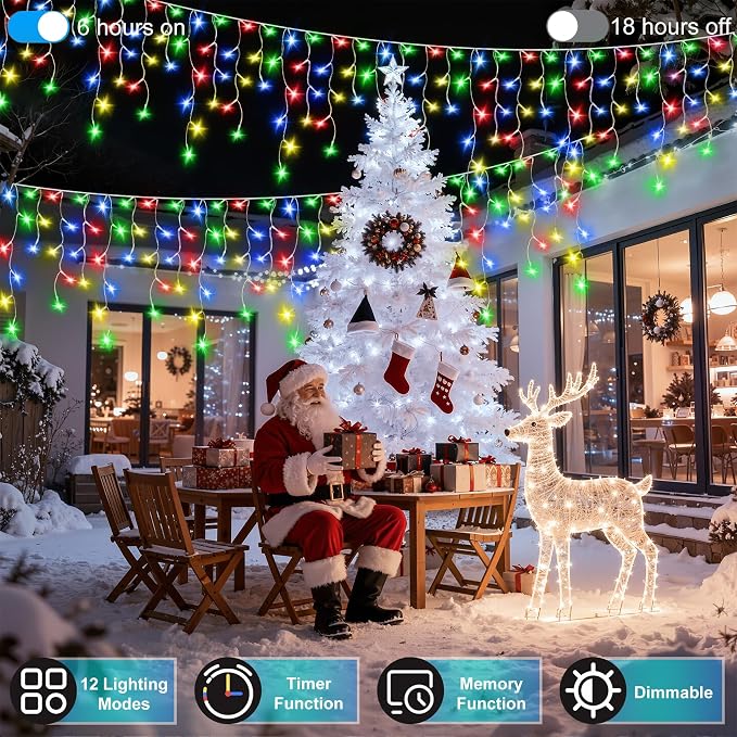 810LED 82FT Christmas Lights, 180Drops 12 Modes Multicolor Christmas String Lights Outdoor Dimmable, Waterproof Christmas Decoration Fairy Lights with Timer for Indoor Eaves Party Patio Window Fence