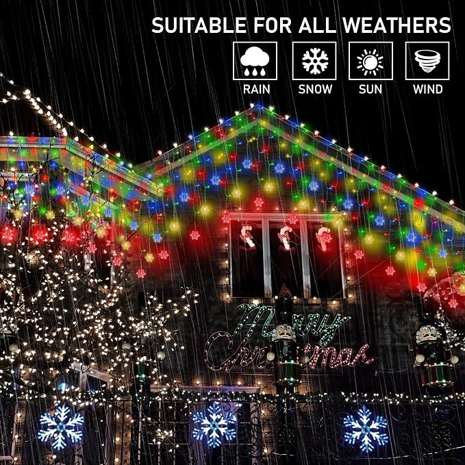 weillsnow 360 LED Icicle Christmas Lights with Snowflake, 29.5ft 72 Drops Connectable 8 Modes Waterproof Icicle Light Outdoor for Curtain, Eaves, Window, Christmas Decorations (Multi-Colored)