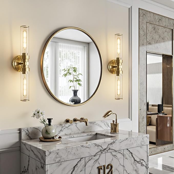 Bathroom Light Fixtures, Gold Wall Sconce in Clear Glass Vanity Lights, Modern Bathroom Vanity Light Up and Down Sconces Wall Lighting for Living Room, Hallway, Bedroom - Bulb Not Included