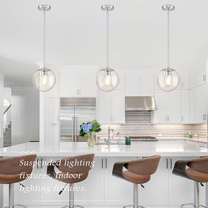 Bagood 8 Inch Globe Pendant Light Nickel Globe Pendant Lights Kitchen Island Mid Century Light Fixture with Hight Clear Glass Contemporary Adjustable Hanging Lights for Dining Room (Bulb Included)