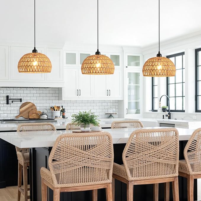 Rattan Pendant Light, Boho Dome Dining Room Chandelier, Brown Woven Kitchen Pendant Lighting over Island, Coastal Wicker Light Pendant Hanging Light Fixture for Nursery Entryway Bedroom, E26 Base
