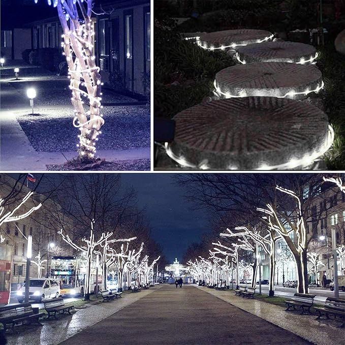 Honche Solar Rope Light 33FT 100LED IP65 Waterproof Outdoor LED Copper Fairy String Tube Lights for Party Gazebo Garden Patio Stair Balcony Fence Tree Daily Christmas Decoration (Solar-Cold White)