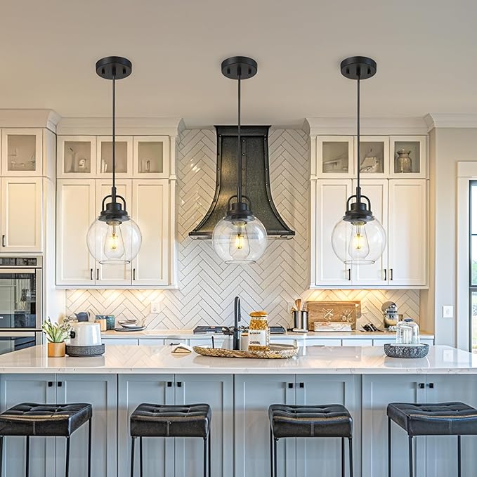 Pendant Lights Kitchen Island, 7" Matte Black Pendant Light Fixtures Over Island with Globe Clear Glass Shade, Farmhouse Hanging Lights for Dining Room Entryway, PL125-MB-1PK
