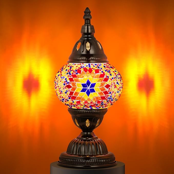 Marrakech Tiffany Lamp Turkish Table Lamps with Vintage Style, Handmade Moroccan Mosaic Lamp with Bronze Base Including LED Bulb for Living Room Bedroom Decor (Orange)