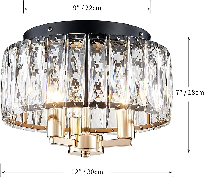 AGV LIGHTING CL002BB Crystal Flush Mount Ceiling Light Fixture, E12 Base 3-Lights, D13 x H15, Shine Gold & Matte Black Finish