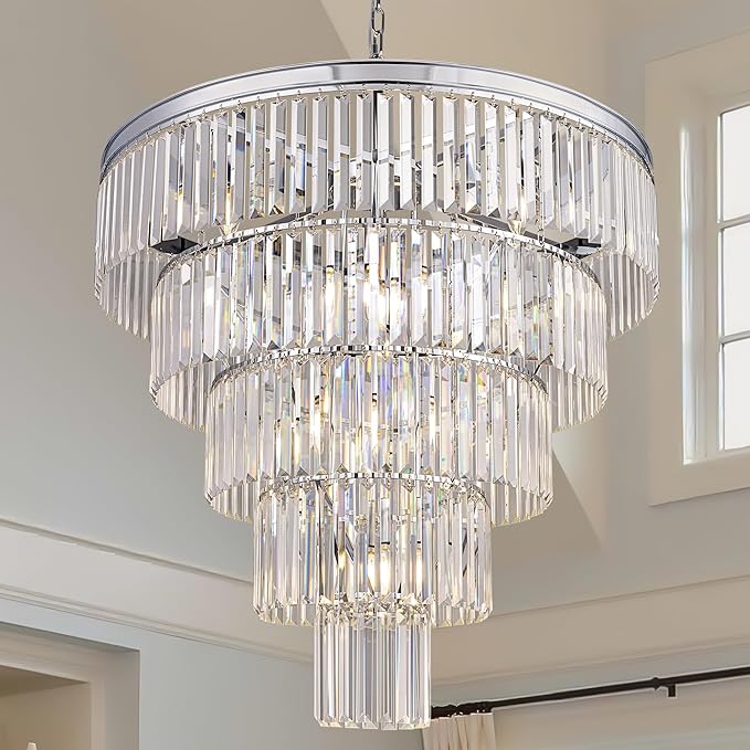 TOCHIC Large Crystal Chandelier 31.5 inch, 5-Tier Round Modern Chrome Crystal Chandeliers, Raindrop K9 High Ceiling Light for Living Room,Staircase, Entryway, Dining Room, Foyer
