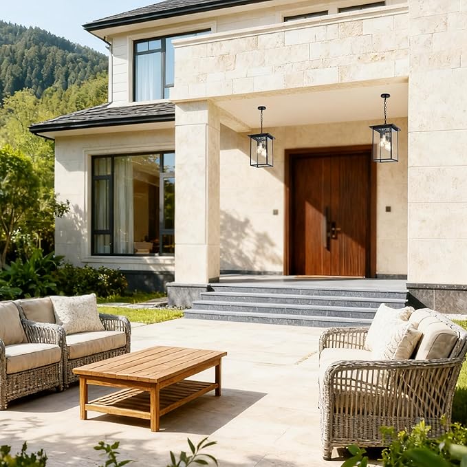 Large Outdoor Pendant Light Fixtures 4-Light Black Exterior Hanging Lantern with Clear Glass Outside Chandelier for Porch Front Door House Front Porch Entrance Foyer Entryway(Bulb Not Included)