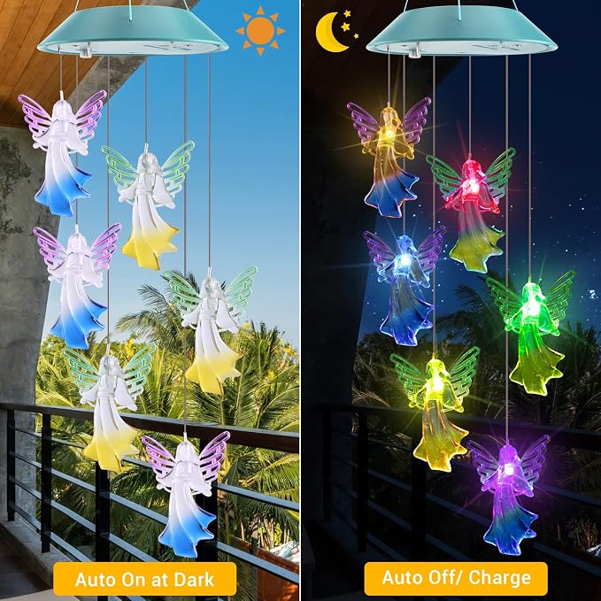 Toodour Solar Wind Chimes, Color Changing Angel Wind Chimes, LED Decorative Mobile, Gifts for Mom Grandma, Waterproof Outdoor Decorative Lights for Garden, Patio, Yard, Window Outdoor Decor