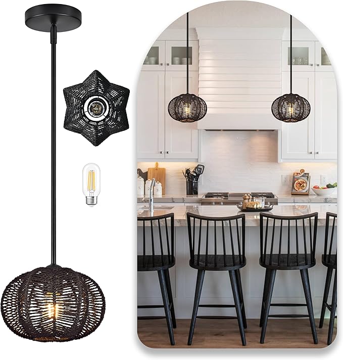 Black Mini Rattan Pendant Light Rattan Light Fixture Wicker Chandelier Woven Pendant Light Boho Chandelier for Bedroom Kitchen Island