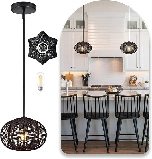 Black Mini Rattan Pendant Light Rattan Light Fixture Wicker Chandelier Woven Pendant Light Boho Chandelier for Bedroom Kitchen Island