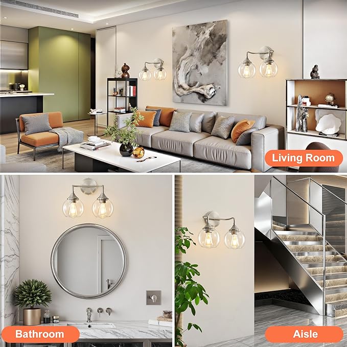 Bathroom Vanity Light with Clear Glass Shade, E26 Base, 2-Light Bathroom Light Fixtures Over Mirror, 14 Inch Vanity Lights for Bathroom (Exclude E26 Bulb) - Brushed Nickel