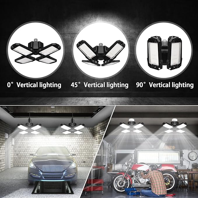 4 Pack LED Garage Light, 150W 15000LM 6500K LED Shop Lights, Garage Lights Ceiling Led with 4 Deformable Panels, Screw in E26/E27 Bulb Socket for Warehouse, Basement, Attic, Barn, High Bay Lighting
