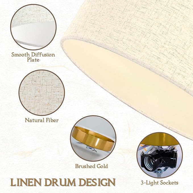 12.6 Inch Flush Mount Ceiling Light Gold Close to Lights Fixture with Fabric Shade 3-Light Drum Modern Lights for Dining Room Bedroom Hallway