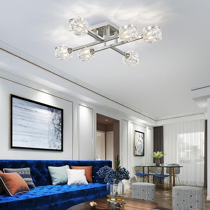 XINGQI Sputnik Light Fixture 6-Lights Semi Flush Mount Ceiling Light, Modern Silver Glass Chandelier Brushed Nickel Lighting for Dining Room Living Room Kitchen Bedroom Entryway