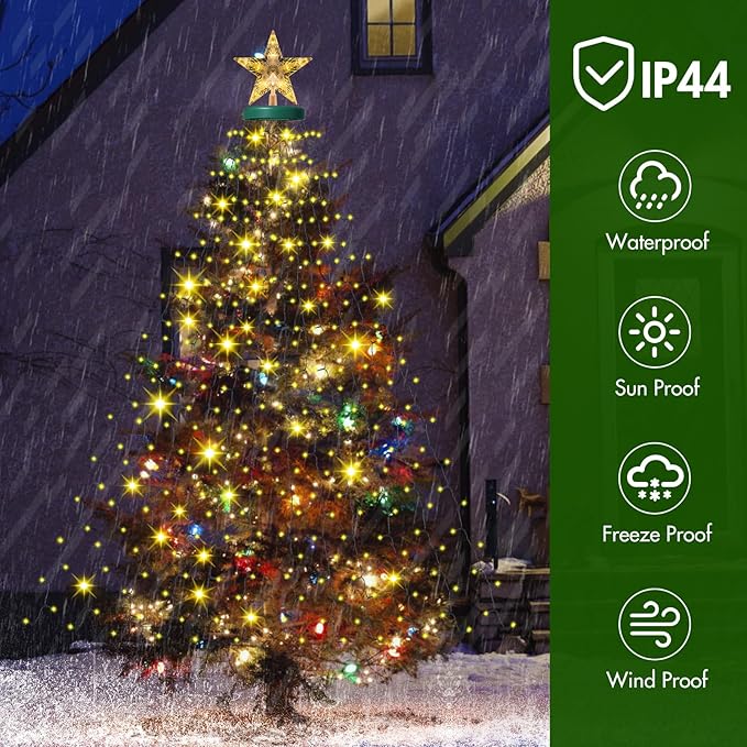 Christmas Lights with Star Topper, 410LED String Lights with Ring for Tree, 6.6FT x 16 Lines Fairy Lights with 8 Modes for Indoor Outdoor Xmas Decor, Warm White
