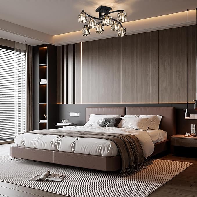 Crystal Semi Flush Mount Ceiling Light with 8-Lights Black Sputnik Ceiling Light Fixture Modern Chandeliers for Dining Room Living Room Kitchen Island Bedroom Hallway
