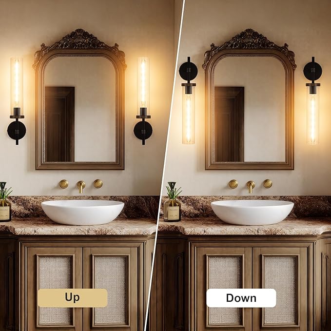 19.5" Knurled Brass Wall Sconces Set of 2, Black Gold Bathroom Vanity Light Fixtures with Clear Glass Tube, Modern Lamp Lighting for Bedroom, Living Room, Hallway, Staircase, Mirror, Kitchen