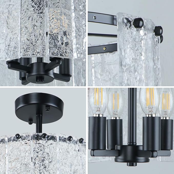 4-Light Black Water Ripple Glass Ceiling Light, 12.5”Modern Crystal Chandelier Dining Room, Semi Flush Mount Luxury Light Fixture for Bedroom, Bathroom, Kitchen, Foyer, Entryway