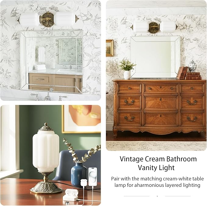Milk Glass Bathroom Vanity Light - 2-Light Wall Sconce with Brass Finish Base & Green Glass Shade - Wall Sconce Lighting for Mirror, Kitchen, Living Room (White Glass with Gold Metal Accents)