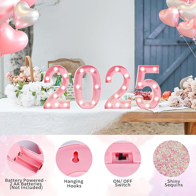Pink Light Up Marquee Numbers, Glitter LED Number Lights Signs Battery Operated for Girls 7th 17th 27th Pink Birthday Party Table Decorations, 8 Inch Tall Number 7 with Cool White Lights