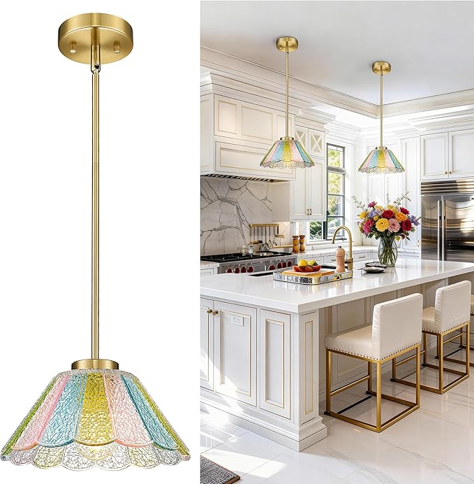 Gold Pendant Light, HWH 10.4-inch Hanging Light Fixture for Living Room, Dining Room, Bedroom, Pendant Lights Kitchen Island with Colored Floral Glass, Gold Finish, 5HJX110MIL BG-C