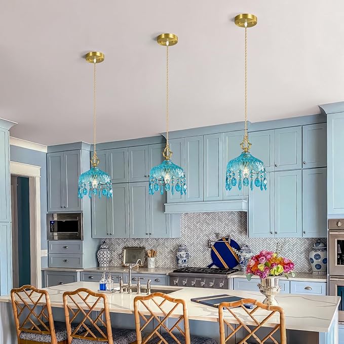 Brass Vintage Pendant Light Blue Crystal Hanging Light Fixtures,Adjustable Height Blue Glass Pendant Lights for Kitchen Island Dining Room Living Room Bedroom Hallway(Blue,1-Pack)