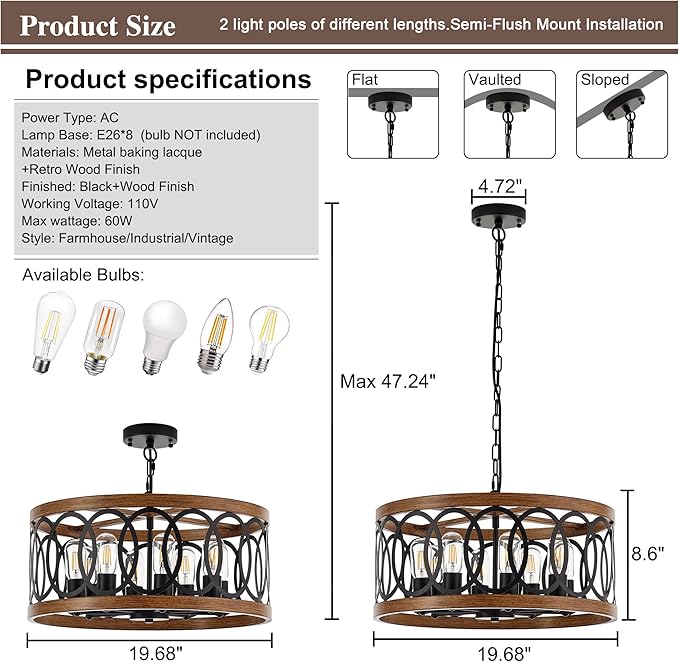 8-Light Farmhouse Drum Pendant Light,19.68'' Nature Wood Texture Vintage Rustic Chandeliers Black Metal Industrial Hanging Light Fixtures for Entryway, Bedroom Dining Room