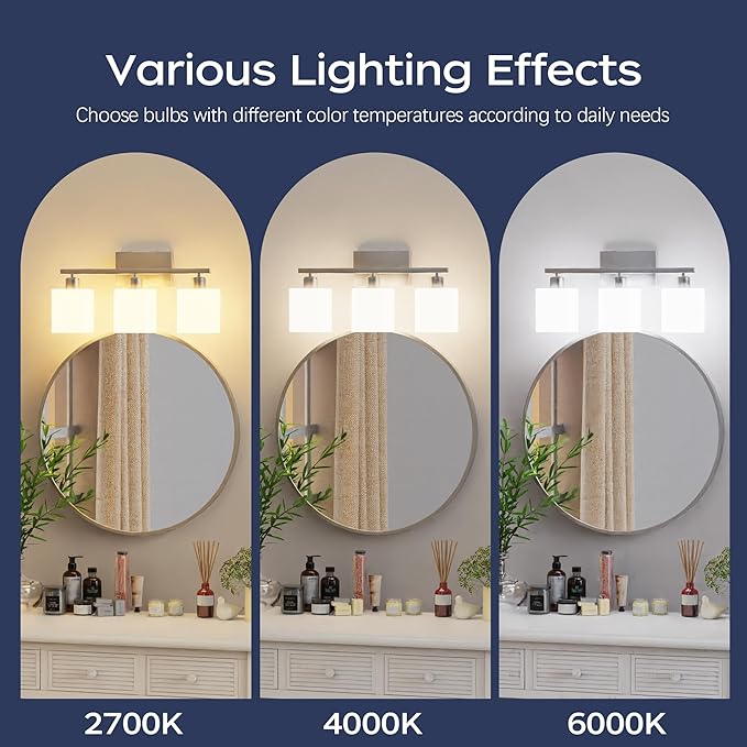 PARTPHONER Bathroom Light Fixtures, Bathroom Lighting Fixtures Over Mirror, Classic Vanity Lights, Modern Vanity Light with Textured Frosted Opal White Glass Shades, Brushed Nickel, 3-Light