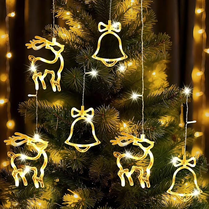 180 LED Christmas Curtain String Lights, 8.3 FT Linkable Warm White Window Fairy Lights with 12 Reindeer & Bell Pendants, 8 Modes Waterproof for Xmas Tree Holiday Party Decorations