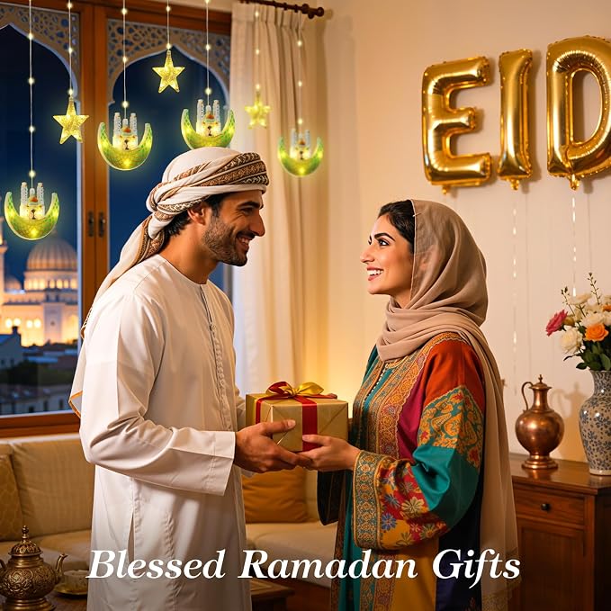 Lewondr Ramadan Curtain String Lights, 138 LED Moon Castle Star Fairy Lights with 6H Timer, 8 Modes, Remote Control, USB Powered Curtain String Light, Eid Mubarak Decorations for Ramadan Home, Green