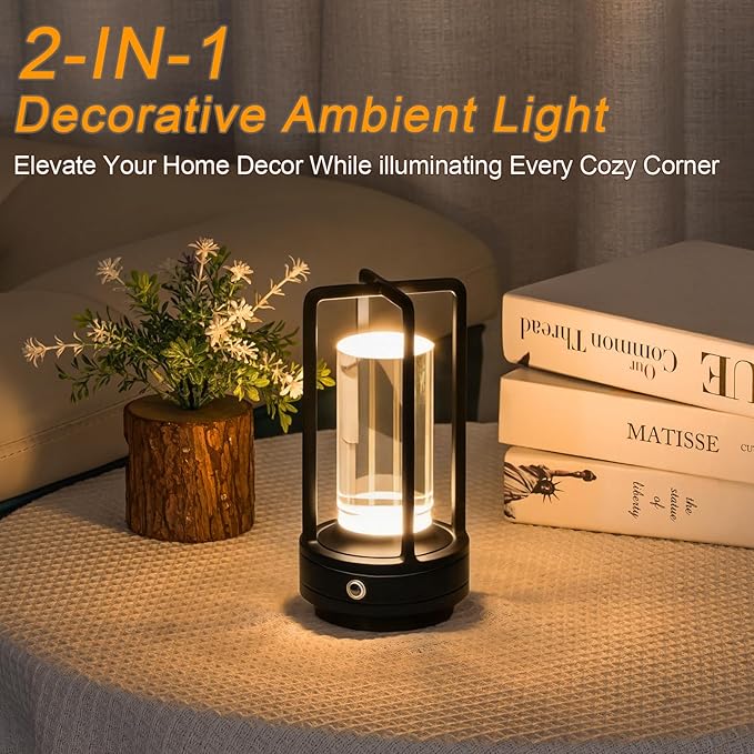Rechargeable Table Lamp Cordless, 3 Color | Crystal | Stepless Dimming, for Dining Room, Living Room, Bar, Cafe, Restaurant, Patio, Camping, Pack of 2 (Black)