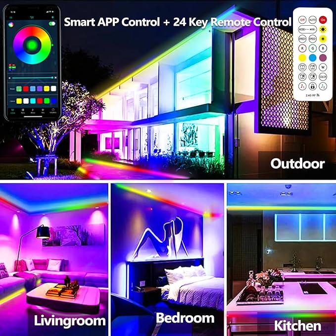 65.6FT Outdoor LED Strip Light Waterproof,IP68 Outside RGB+IC Light Strip with App/Remote Control,Chase Mode,Music Sync Light for Balcony,Deck,Rooftop,Garden,Pool