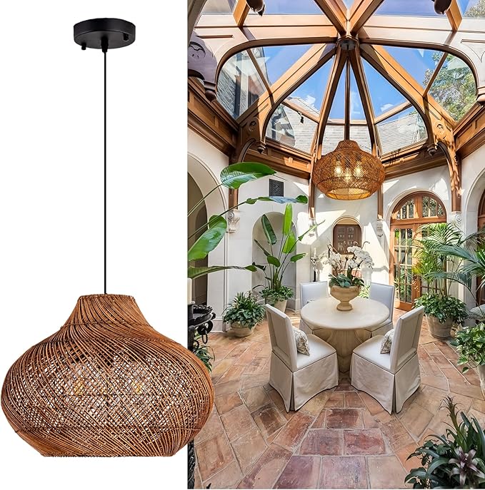 19inch Large Rattan Chandelier, Boho Rattan Chandelier Light 3-Light Wicker Rustic Hanging Light Fixture for Dining Room Kitchen Island Living Room Foyer Restaurant