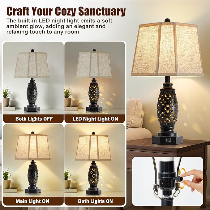 EJIAXIN Table Lamps Set of 2-23.5" Vintage Bedside Lamp with USB A+C and Nightlight - Black Carved Resin Retro Desk Lamp for Bedrooms, End Tables, Living Room, Bulbs Included