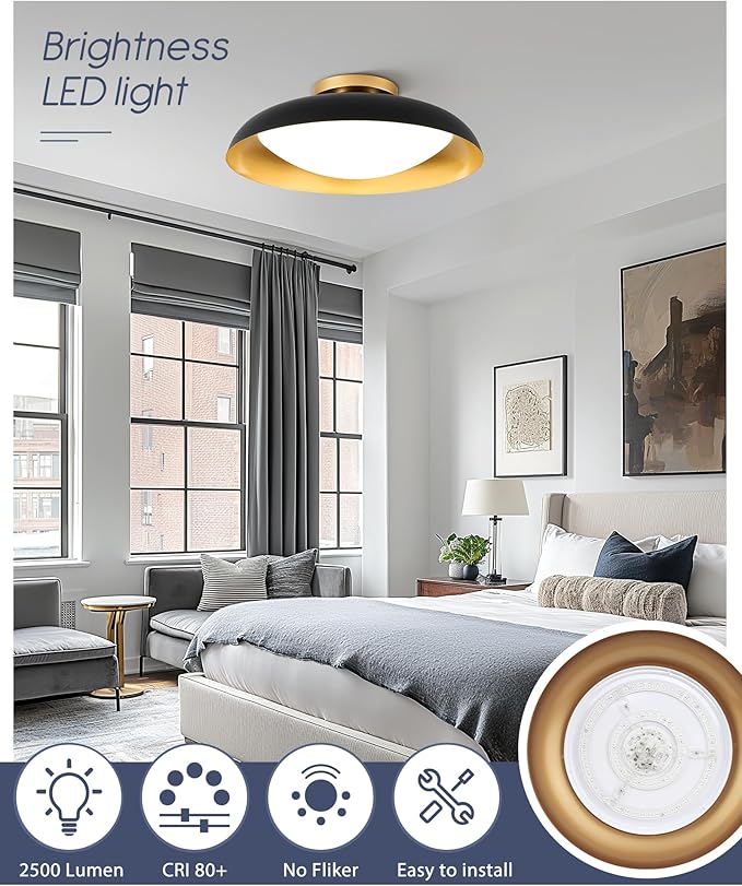 kudos Flush Mount Ceiling Light, 21inch LED Ceiling Light Fixture, Black and Gold Finish, 44W 2500lm Modern Hanging Light Fixtures for Living Room, Bedroom, Hallway, 5CCT Adjustable, KDCL02-BK-L