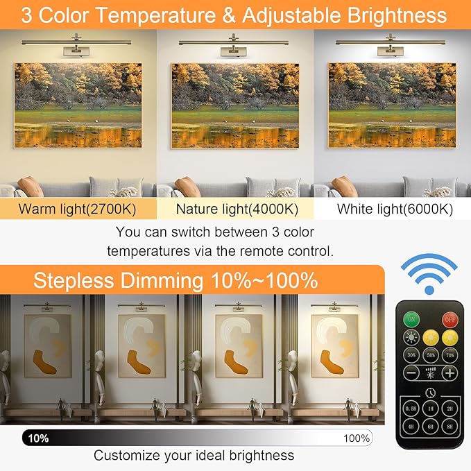 Tassuowell Antique Bronze Picture Light, 23.6 Inch Remote Control Painting Lights for Wall Cordless, 3CCT Dimmable Wall Lights for Pictures, Rechargeable Art Light for Pictures On Wall with Timer