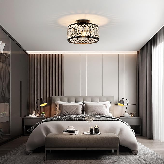 Crystal Ceiling Light Fixture, Modern Flush Mount Ceiling Light, Black Crystal Chandelier for Kitchen Bedroom Bathroom Entryway Hallway