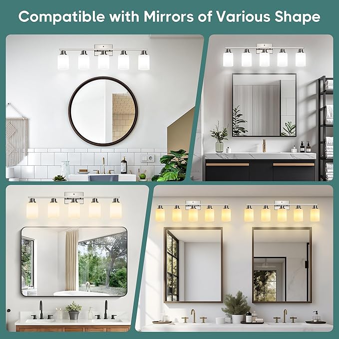 Ascher Bathroom Light Fixtures, 5-Light Vanity Light Over Mirror, Brushed Nickel Wall Sconces with Milky White Frosted Glass Shades, Wall Lamp for Living Room Bedroom, E26 Base(Bulbs Not Included)